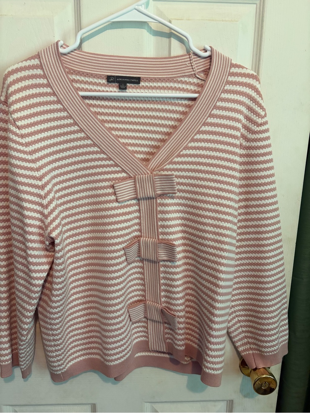 Adrianna Papell Pink and White Striped V-Neck Sweater with Bow Accents